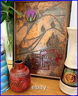 1960s MCM Embossed Copper and Ceramic Art Wall Hanging Signed Fale Isreal