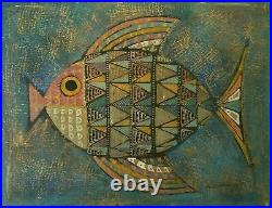 1961 Mid Century Modernist Mixed Media Fish Painting, Signed