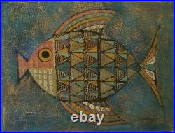 1961 Mid Century Modernist Mixed Media Fish Painting, Signed