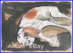 1966 Watercolour Ink Pastel & Pen Sleeping Cavalier Dog By Constance Stokes B45