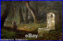 19th Century Continental School Oil Painting Woman, Fountain Dark Nature Trail
