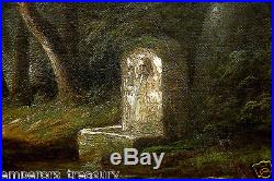 19th Century Continental School Oil Painting Woman, Fountain Dark Nature Trail