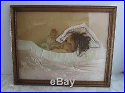ANTIQUE 1920'S FOLK ART PHOTO HAIR BABY PICTURE SATIN & LACE Mix Media Vintage