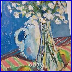A Furner Signed Mixed Media Painting Still Life Chamomile Flowers In Vase 1965