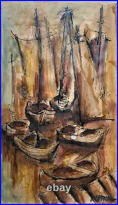 Abstract Sailing Boats Attractive 20thc Vintage Mixed Media Seascape Painting