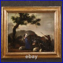 Antique bucolic painting framework oil on canvas landscape 17th century 600