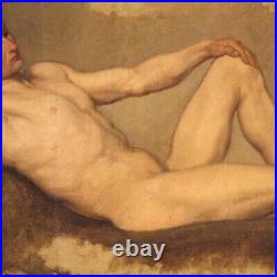 Antique male nude portrait man painting oil on paper artwork 19th century 800