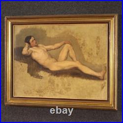 Antique male nude portrait man painting oil on paper artwork 19th century 800