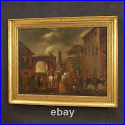 Antique painting 18th century genre scene artwork frame oil on canvas 700