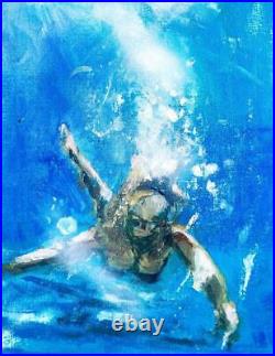 Aqua Nude xk Original Impressionist Mixed Med Oil Painting Paul Mitchell 10X8