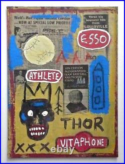 BASQUIAT - A SIGNED 1980s EXPRESSIONIST ORIGINAL MIXED MEDIA PAINTING COLLAGE