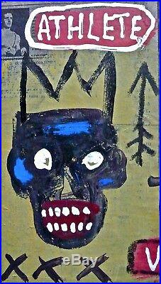 BASQUIAT - A SIGNED 1980s EXPRESSIONIST ORIGINAL MIXED MEDIA PAINTING COLLAGE