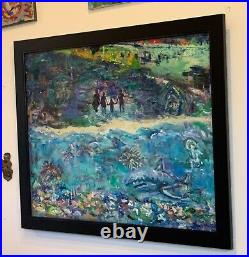 Beach Love, 28x22, Original Abstract Oil Mixed Media. Painting, Framed