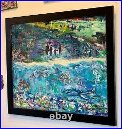 Beach Love, 28x22, Original Abstract Oil Mixed Media. Painting, Framed