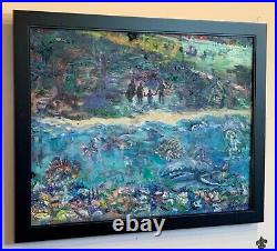 Beach Love, Original Abstract Oil Mixed Media. Painting, Black Framed