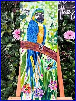 Blue Yellow Macaw Mixed Media Painting Realism Original Art Sale Abstract Flower