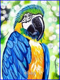 Blue Yellow Macaw Mixed Media Painting Realism Original Art Sale Abstract Flower