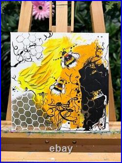 Bumblebee painting Canvas Abstract Mixed Media Artwork Decor Wildlife Garden Bee