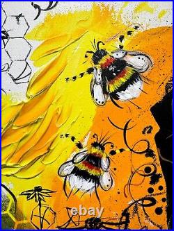 Bumblebee painting Canvas Abstract Mixed Media Artwork Decor Wildlife Garden Bee