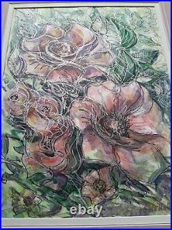 Chris Hall Floral Abstract Mixed Media Original Pair. 1980's