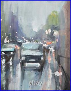 City Rain A2. Original Mixed Media Painting on Canvas Board
