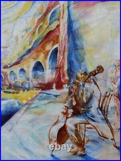 Concert Hall, Cello recital. Original expressionist mixed media, by Alex M 1995
