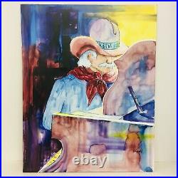 Cowboy Playing Piano Saloon Mixed Media Painting Masonite Ten Gallon Hat Smith