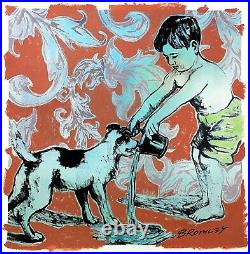 DAVID BROMLEY Children Series Boy and Dog Mixed Media on Paper 94cm x 94cm