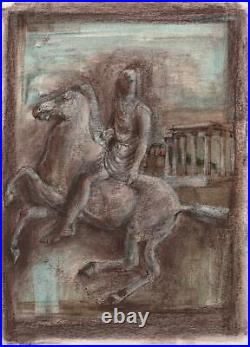DOROTHY KIRKBRIDE ABSTRACT Mixed Media Painting c1980 GREEK FIGURE ON HORSE