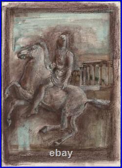 DOROTHY KIRKBRIDE ABSTRACT Mixed Media Painting c1980 GREEK FIGURE ON HORSE