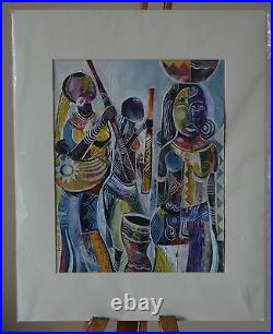 E. Wilson Mix Media Abstract African Ethnic Women Painting Unframed