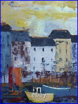Early morning harbour original painting, mixed media, collage, colour, texture