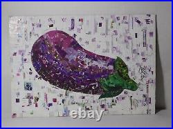 Eggplant Collage Project Painting, Mixed Media Art Signed Original Collage Art