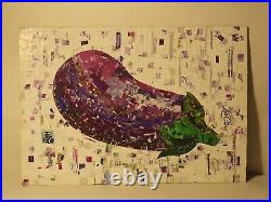 Eggplant Collage Project Painting, Mixed Media Art Signed Original Collage Art
