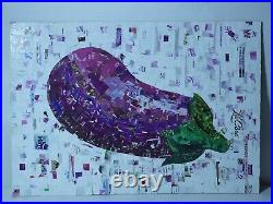 Eggplant Collage Project Painting, Mixed Media Art Signed Original Collage Art