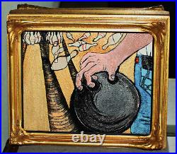 Expressionist Oil Painting Mixed Media Outsider Art BOWLING BALL PINS Framed FUN
