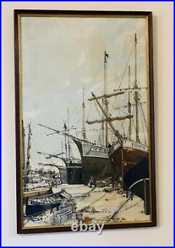Fine Vintage Mixed Media Painting Harbour Boating Scene Signed By Artist