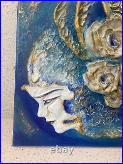 Flourishing Navy Blue Original Mixed Media Artwork on Canvas Signed Painting