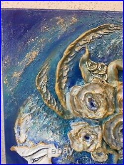 Flourishing Navy Blue Original Mixed Media Artwork on Canvas Signed Painting