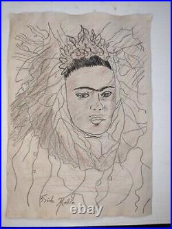 Frida Kahlo Painting Drawing Signed & Stamped Mixed Media on Paper Vintage