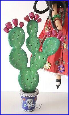 Frida Kahlo Textile Sculpture, Mixed Media Diorama, Artist Doll With Animals
