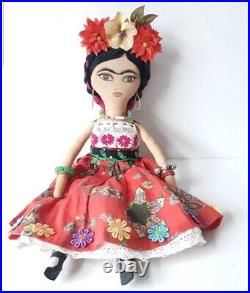 Frida Kahlo Textile Sculpture, Mixed Media Diorama, Artist Doll With Animals