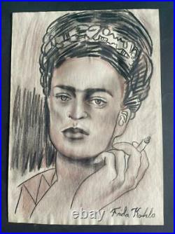 Frida Kahlo drawing on paper signed & stamped mixed media