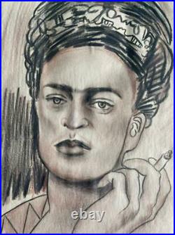 Frida Kahlo drawing on paper signed & stamped mixed media