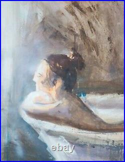 Girl in Bath. Original Mixed Media Painting on Canvas Board