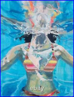 Girl in Pool. Original Mixed Media Painting on Canvas Board