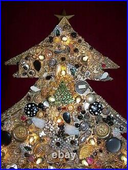 Handcrafted Ooak Vintage Framed Lights Jewelry Christmas Tree Folk Art Picture