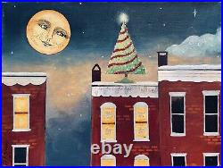 Happy Moon Cityscape Christmas Original Mixed-media Art on canvas
