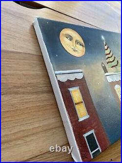 Happy Moon Cityscape Christmas Original Mixed-media Art on canvas