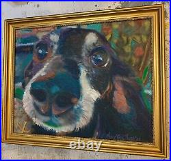 Hello There, Original Mixed Media Painting, Dog, Framed